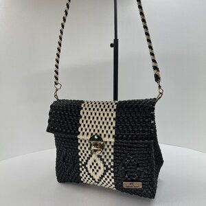 KR Desighns Woven Artisan Shoulder Bag Womens Mexican Handmade Boho Black White
